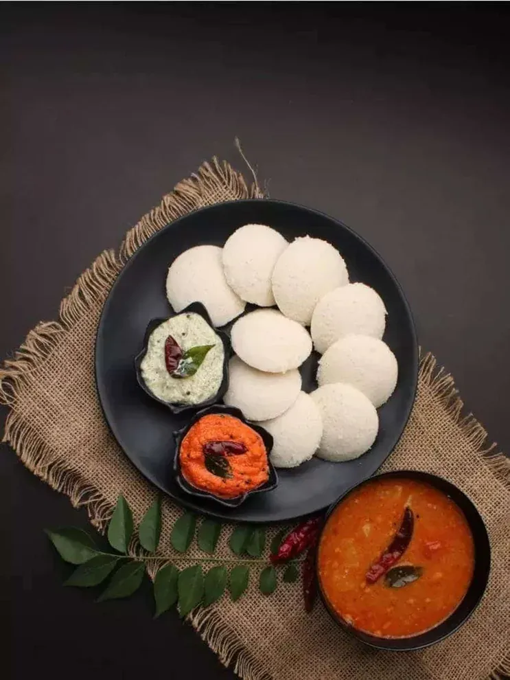 Classic soft idlis with sambar and coconut chutney, made from Goodli batter